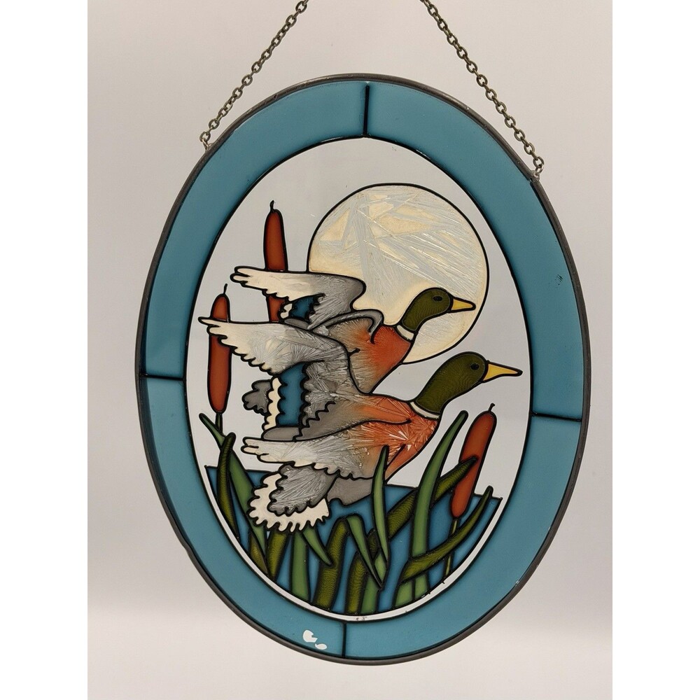Faux Stained Glass Mallard Ducks Suncatcher Window Art Hanging 9” Vintage